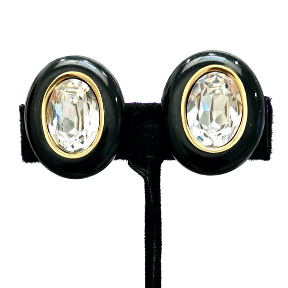 CHRISTIAN DIOR BLACK ENAMEL & FACETED CRYSTAL OVAL CLIP ON EARRINGS - Picture 1 of 16